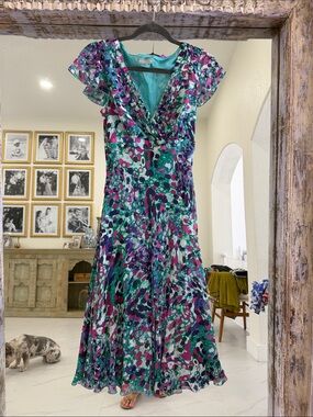per una Teal Purple Pink Abstract V-Neck Maxi Dress